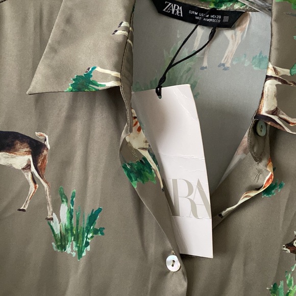 Zara Green Deer Satin Shirt Anthropologie Free People J Crew Bloggers Fave NWT M - Picture 4 of 16